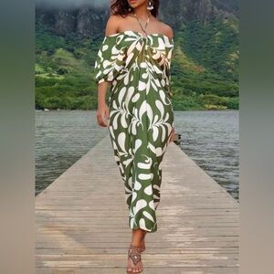 Hawaiin Loose Fit Tropical Print Oversized Off Shoulder Halter Neck Maxi Dress